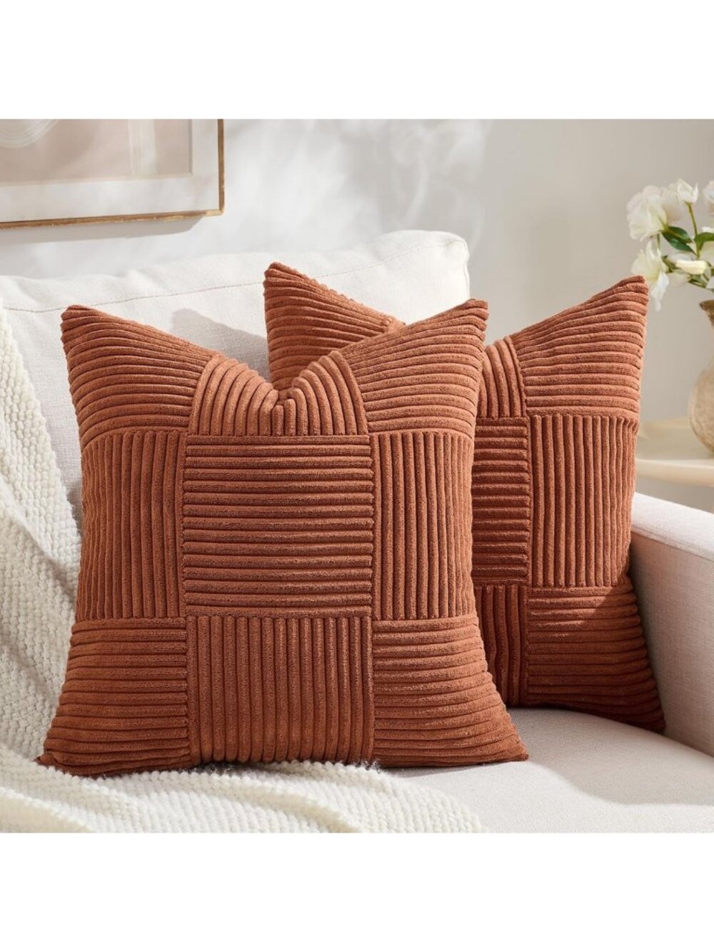 Rust Boho Throw Pillow Covers Set of 2 | 18x18 Inch Soft Terracotta Accent